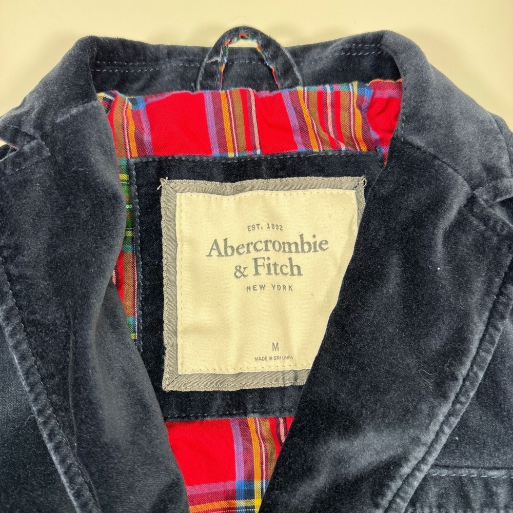 Abercrombie & Fitch Velvet Blazer Womens M Blue Crest Patch Preppy Plaid Lined - Picture 13 of 16